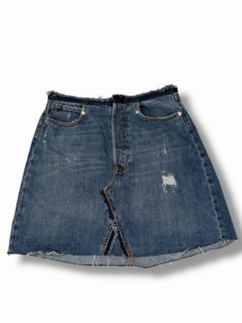 Zara Blue Denim A-Line Mini Skirt Distressed Raw Hem Pockets Button Sz small